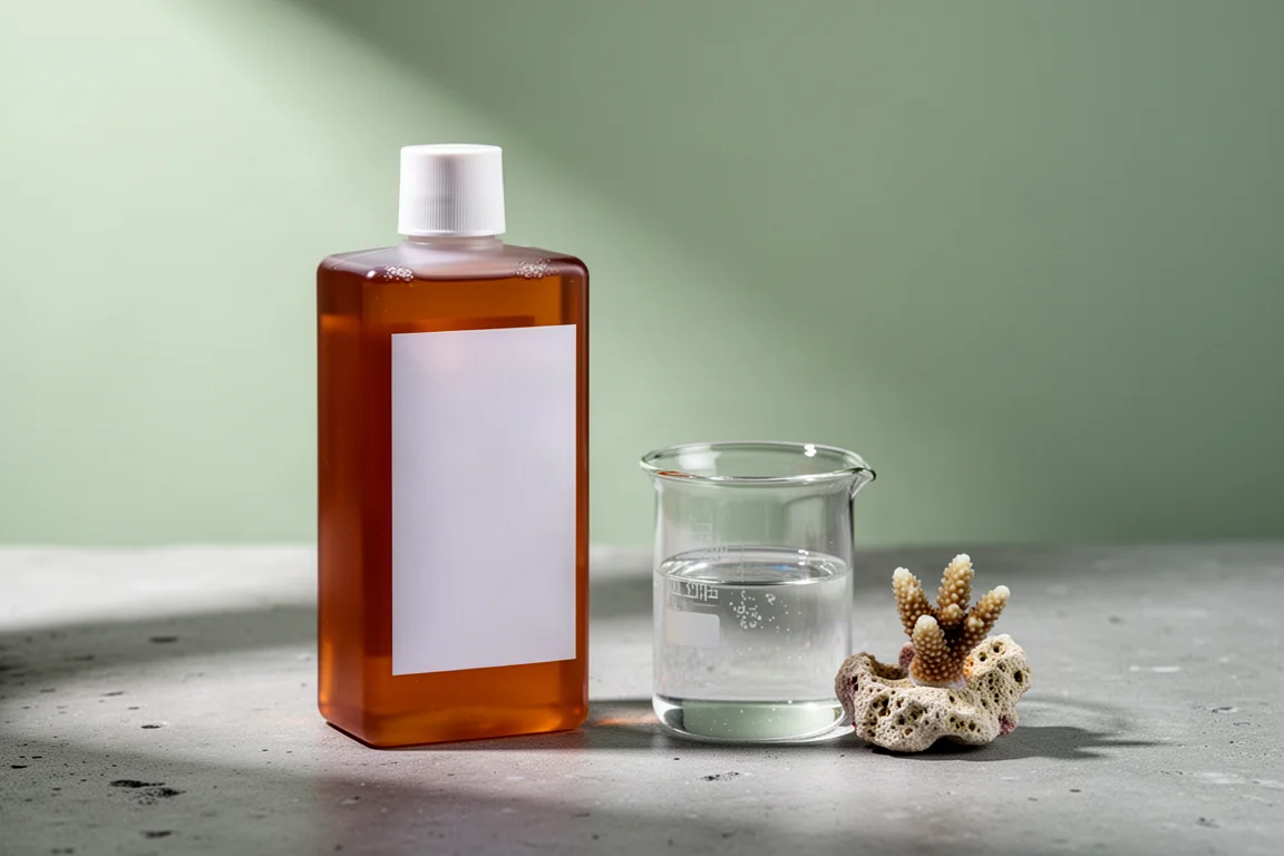 Coral dip bottle beside a glass beaker and frag plug on a concrete surface