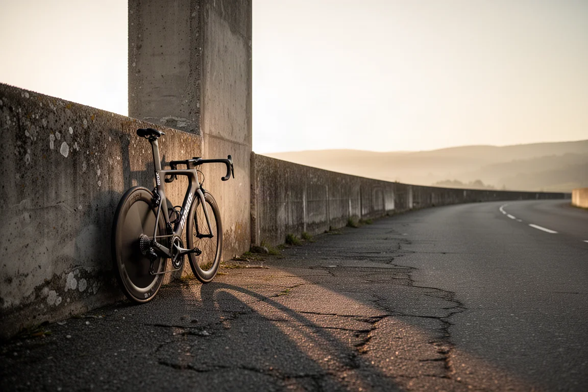 Triathlonrad lehnt an einer Wand neben einer leeren Straße bei Sonnenaufgang