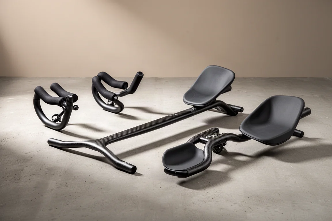 Carbon clip-on aerobars, vlakke base bar en complete aerobar-opstelling op een betonnen ondergrond
