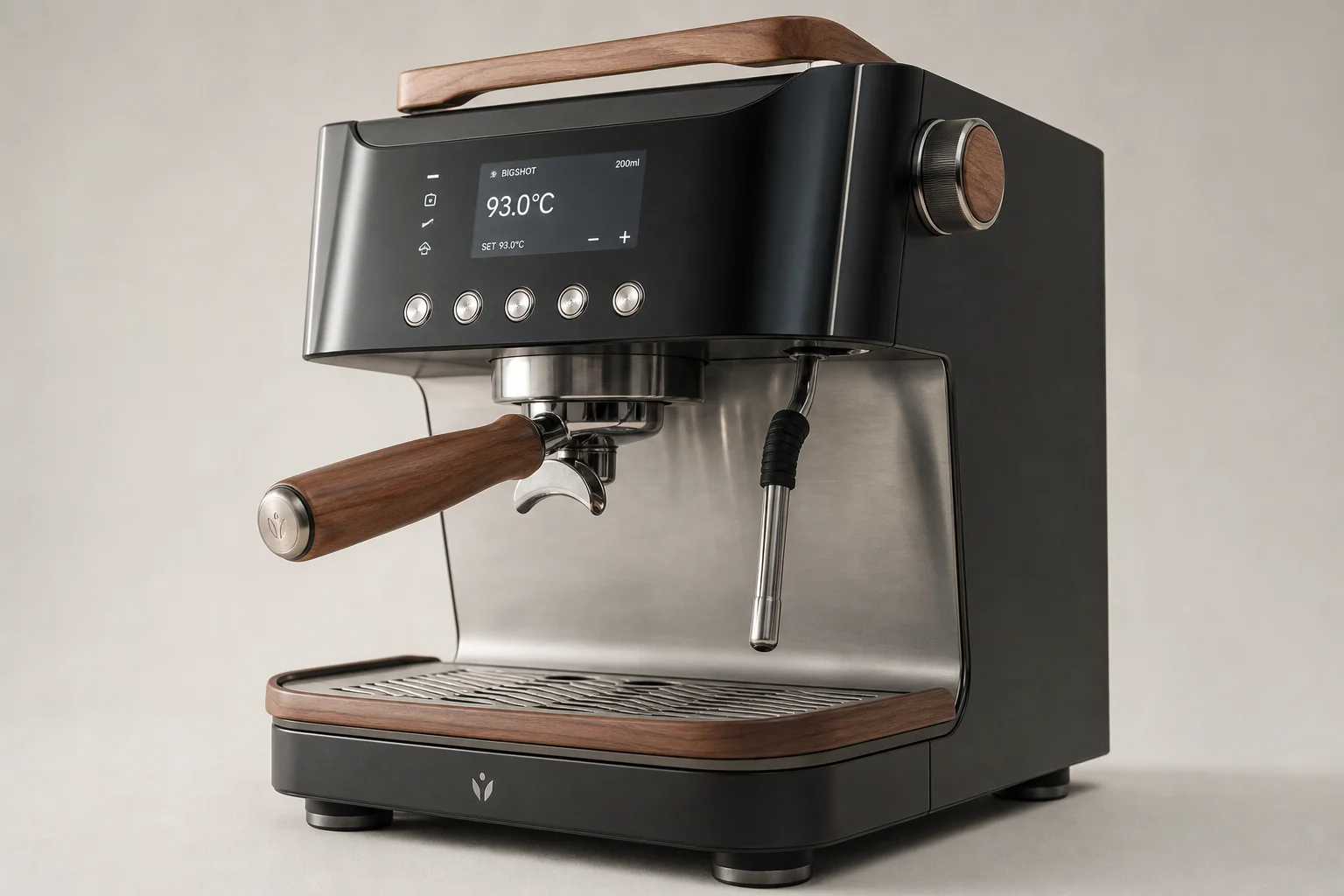 Five home espresso machines arranged in a line on concrete surface
