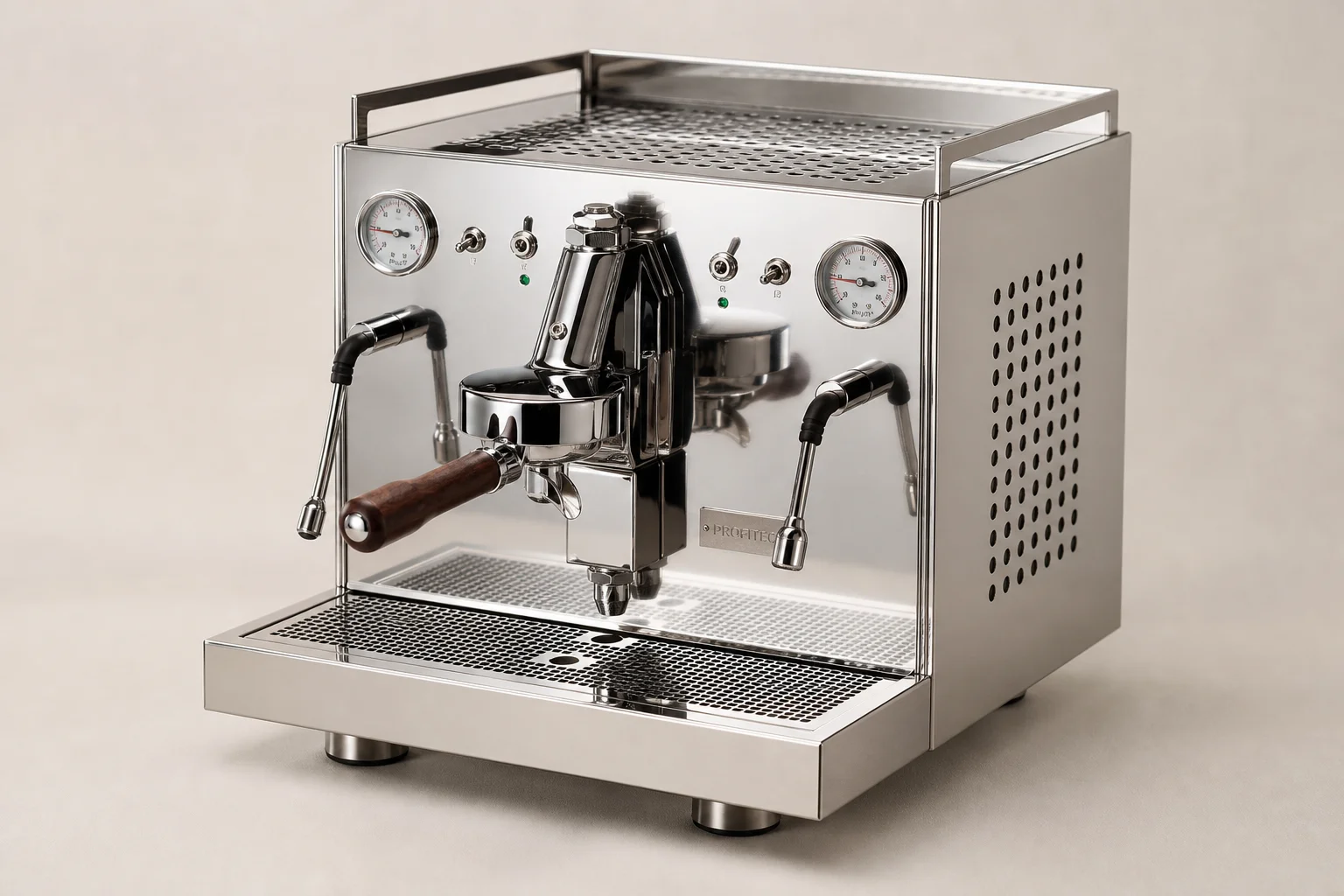 Six espresso machines arranged on concrete surface showing different designs and sizes