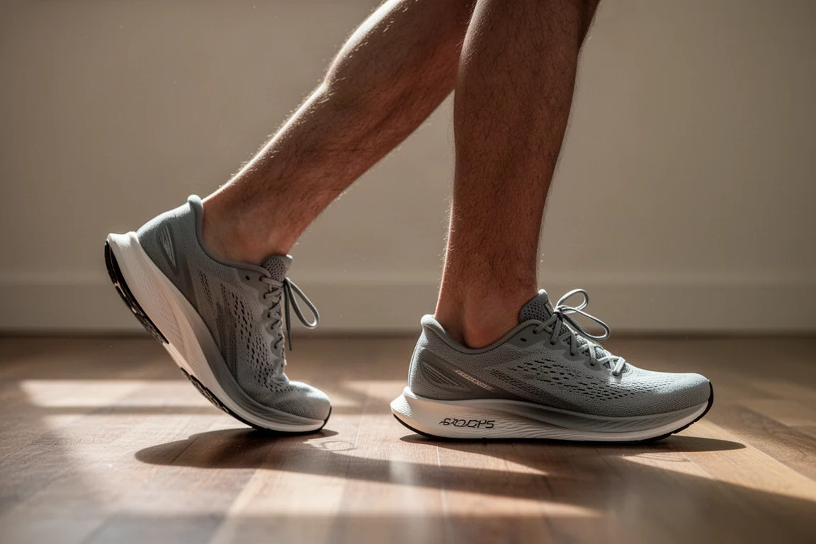 Ferse und Achillessehnenbereich eines Läufers mit Low-Drop-Laufschuh auf Holzfußboden