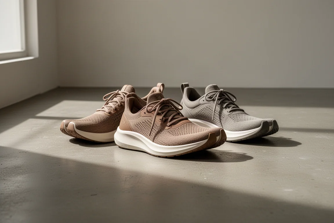 Low-Drop-Laufschuhe in Reihe auf einem Betonboden