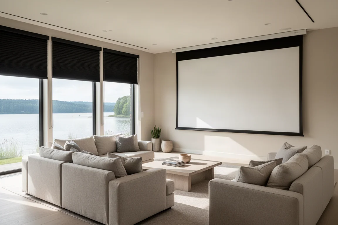 Bright living room with a large projection screen and open windows overlooking a lake