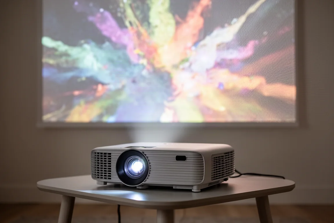 Close-up of a projector lens projecting a bright image onto an ambient light rejecting screen