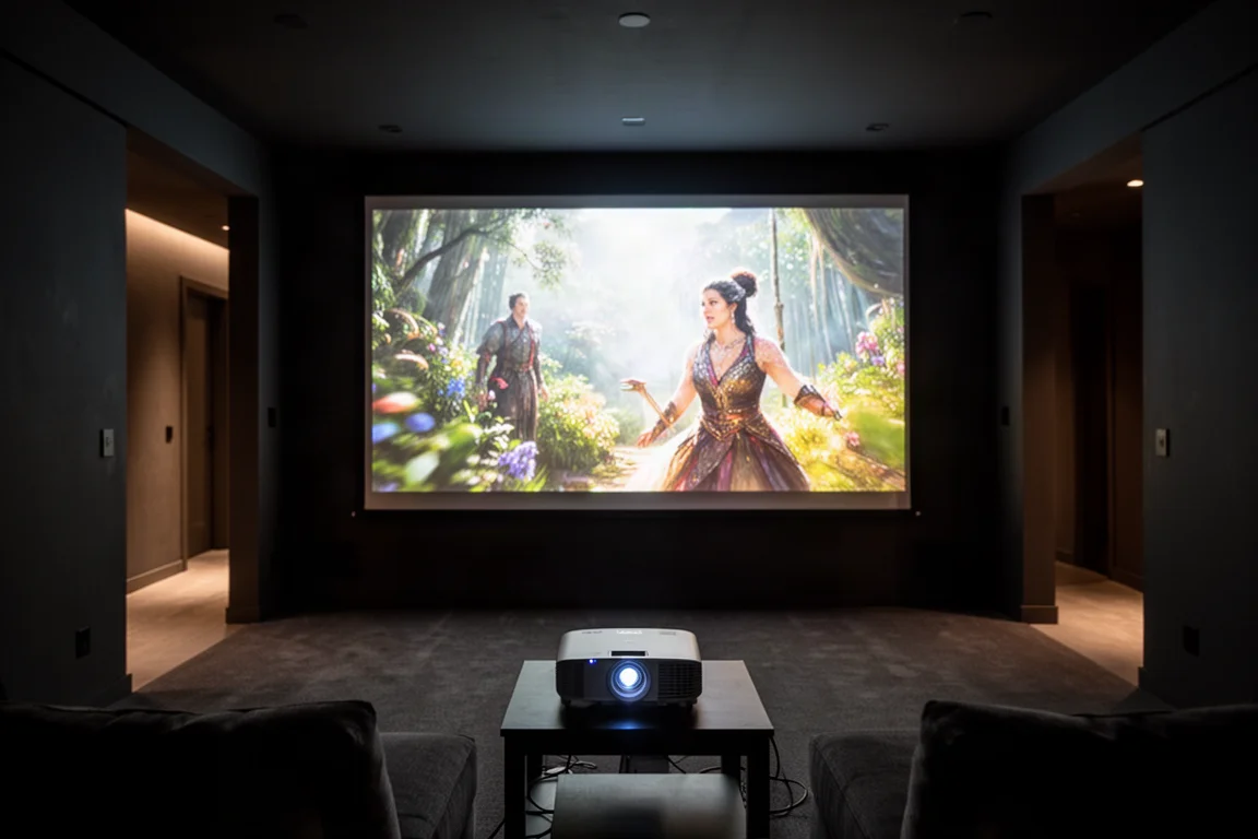 Dark home theater room with a projector displaying a bright scene on a large screen