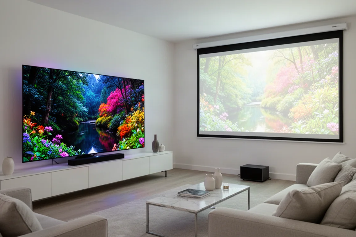 Comparison of a projector image and a MicroLED TV image side by side in a bright room