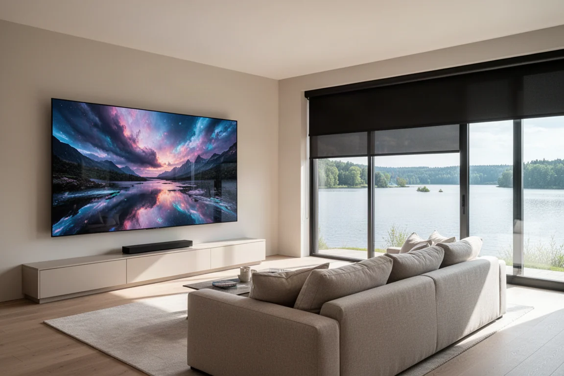 Soggiorno luminoso con un grande TV MicroLED e tende motorizzate che si affacciano su un lago