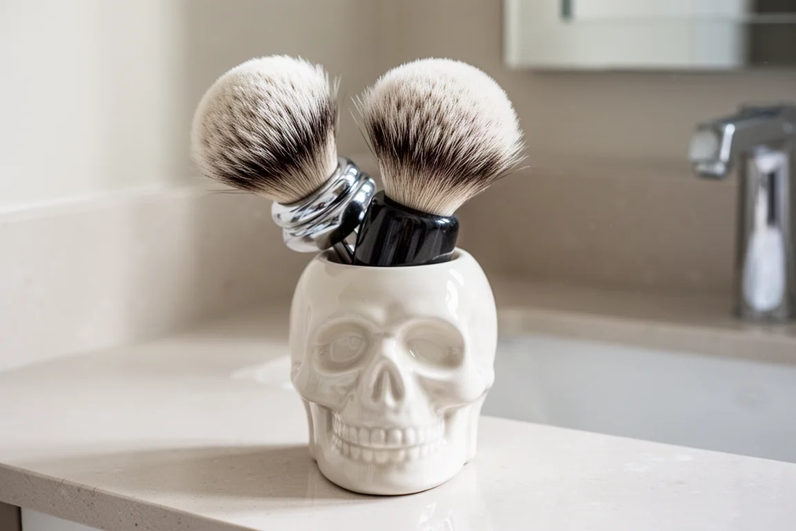 Pennello da barba con setole argentate in un supporto in ceramica