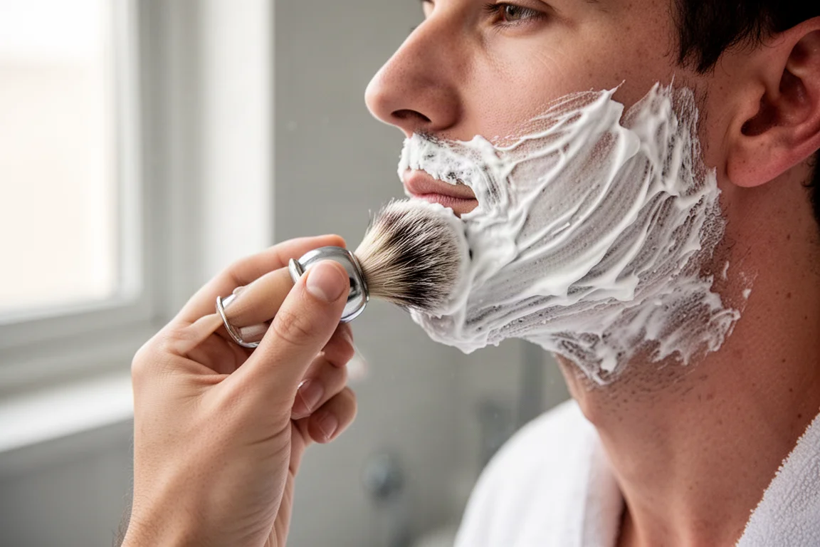 Persona che applica crema da barba sul viso con un pennello prima della rasatura