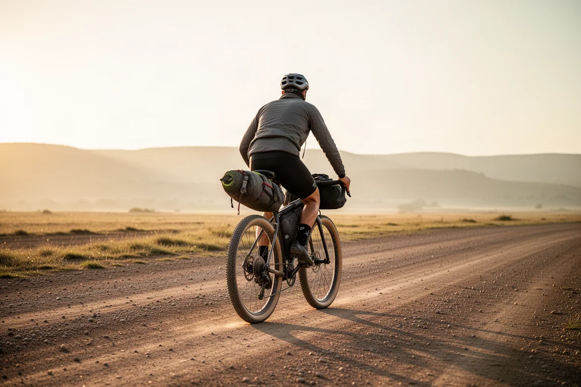 Vélo gravel appuyé contre une clôture en bois à l'entrée d'un sentier en terre, lumière du matin