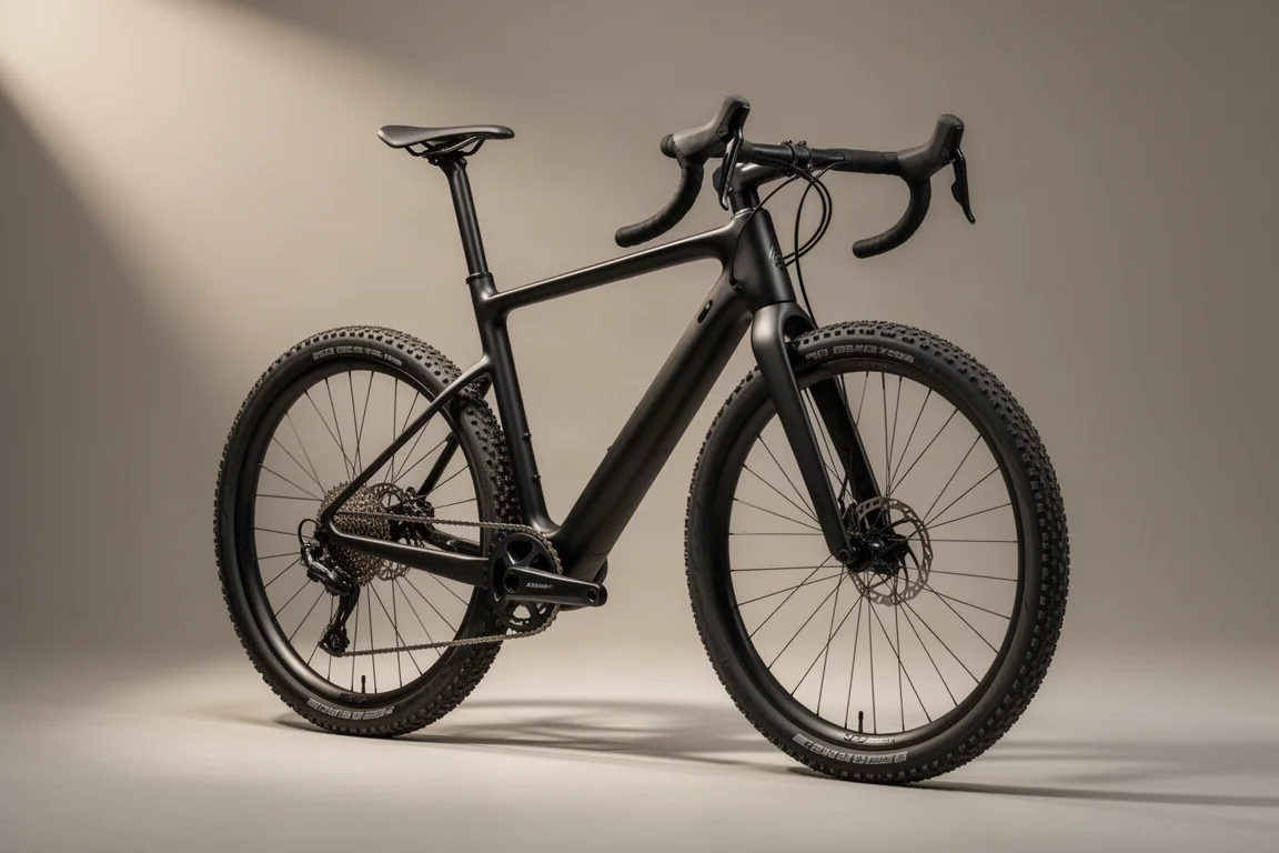 Mat zwart-witte carbon gravelbike met een verbrede racestuur op een neutrale achtergrond