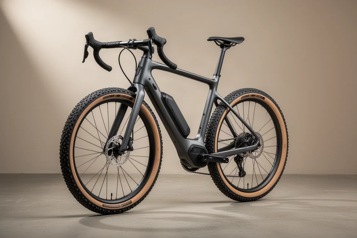 Carbon gravel bike with 50mm tires photographed in a bright minimal studio