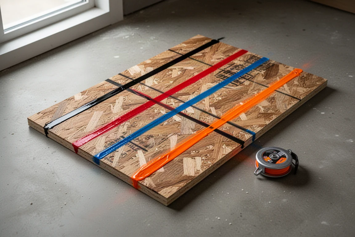Plywood board with snapped chalk lines in four colors and a chalk line reel