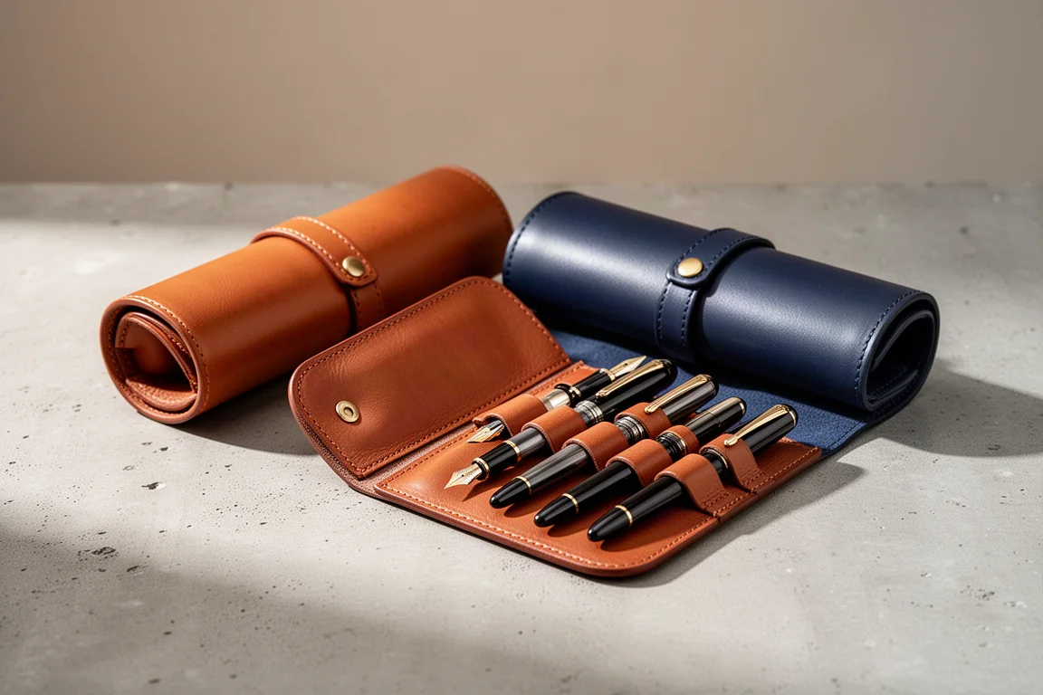 Astucci in pelle arrotolati color cognac e blu navy su una superficie di cemento