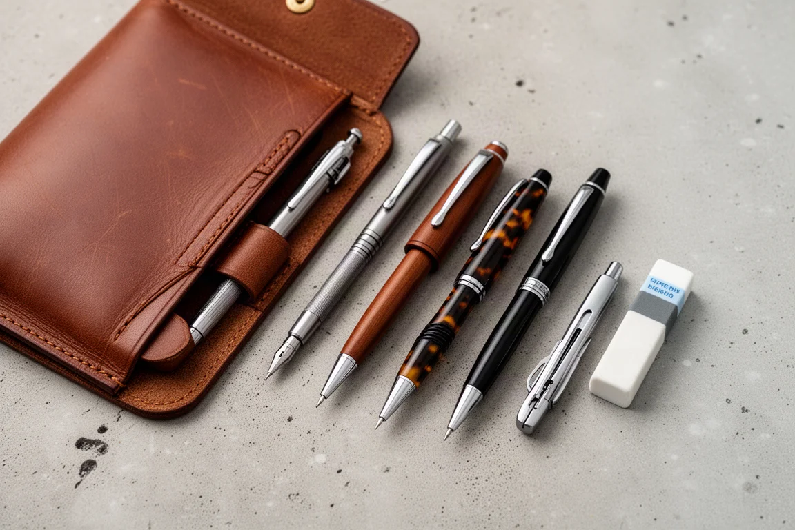 Flach aufgelegte diverse Stifte, ein Druckbleistift und ein Radiererstift neben einem offenen Stifte-Etui