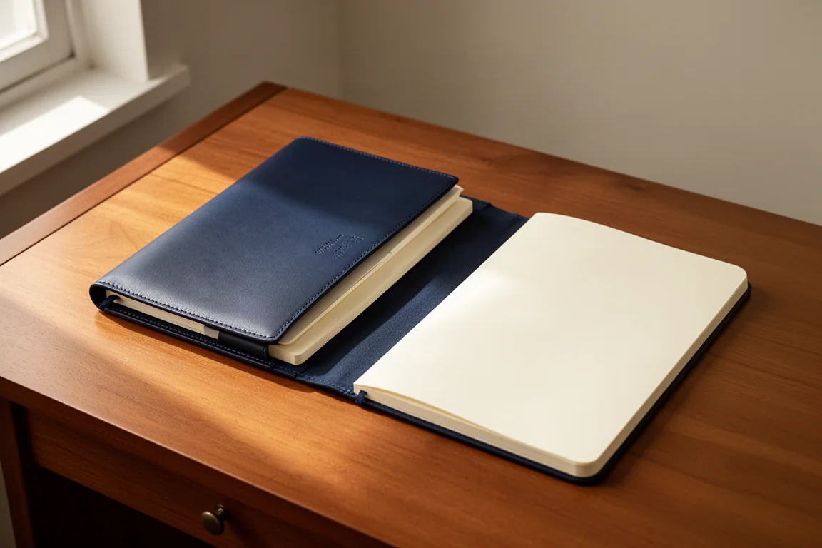 Navy leather notebook cover on a desk with a notebook beside it