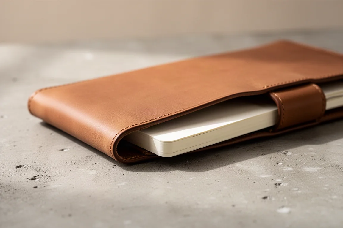 Notebook being slipped inside a leather cover