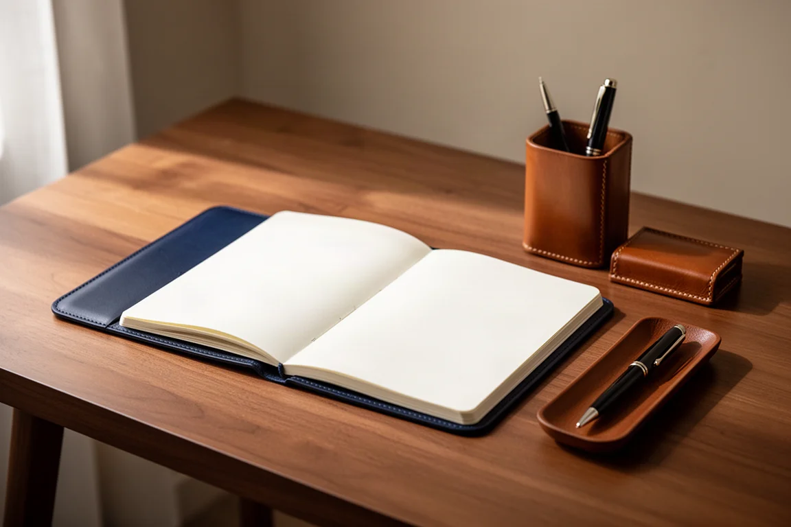 Workspace with notebook in leather cover beside a pen holder