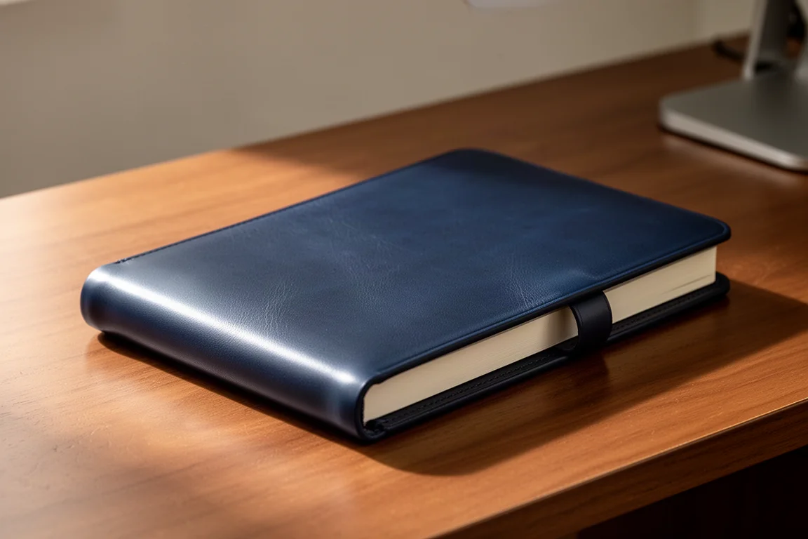 Marineblaue Lederhülle für Notizbücher, die auf einem Holzschreibtisch ein Notizbuch hält