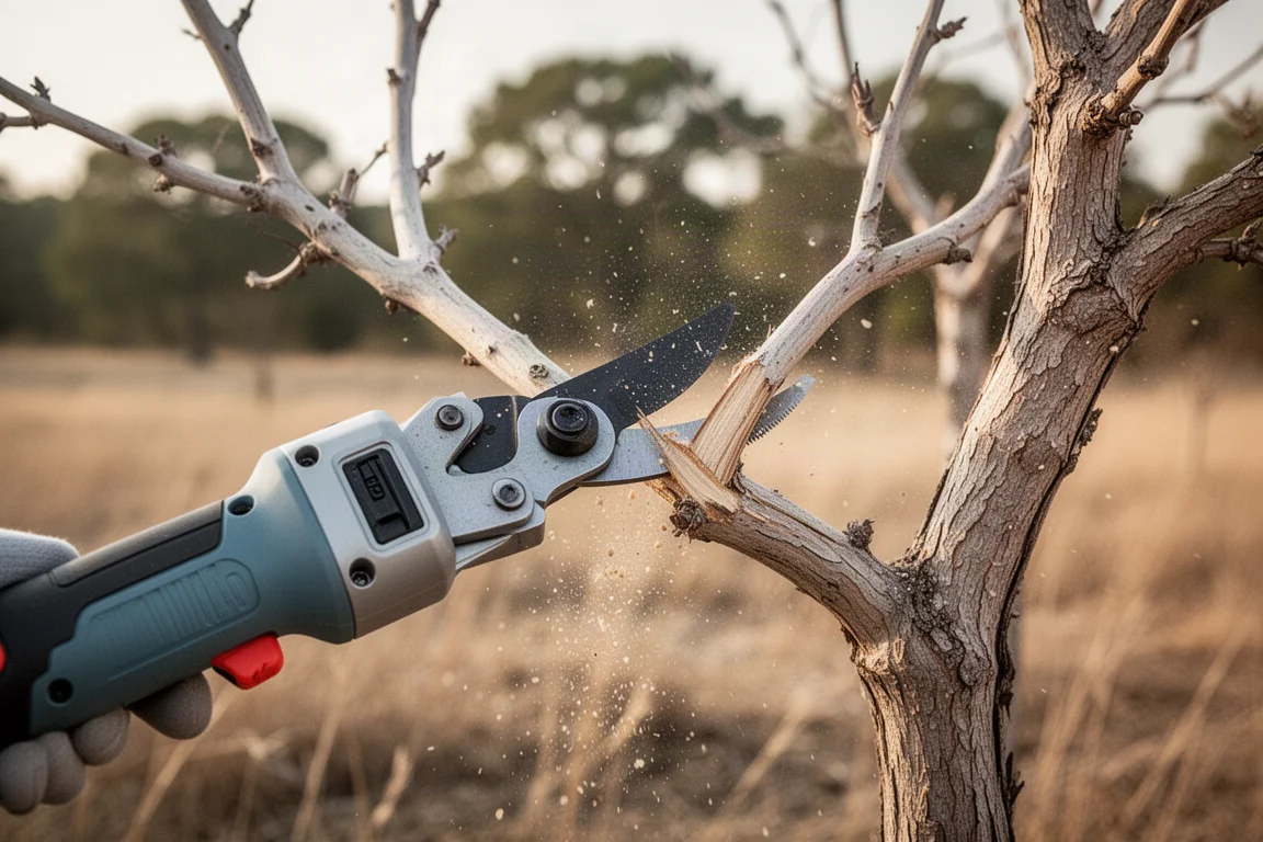 Electric pruning shear cutting through a dry branch on a tree