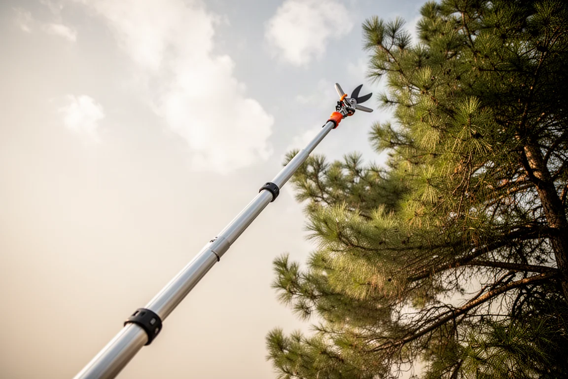 Long extension pole reaching high into tree branches
