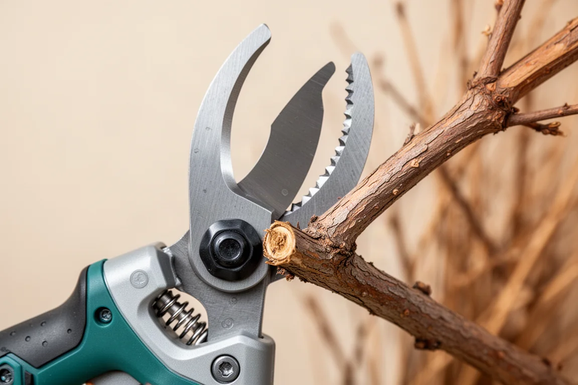 Shear blade opening mechanism close-up between two branches