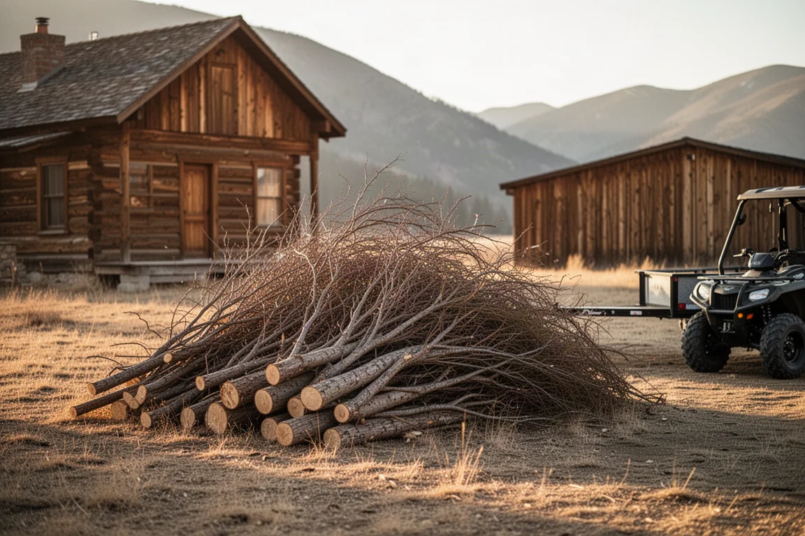 Pile of cut branches stacked near a rustic cabin