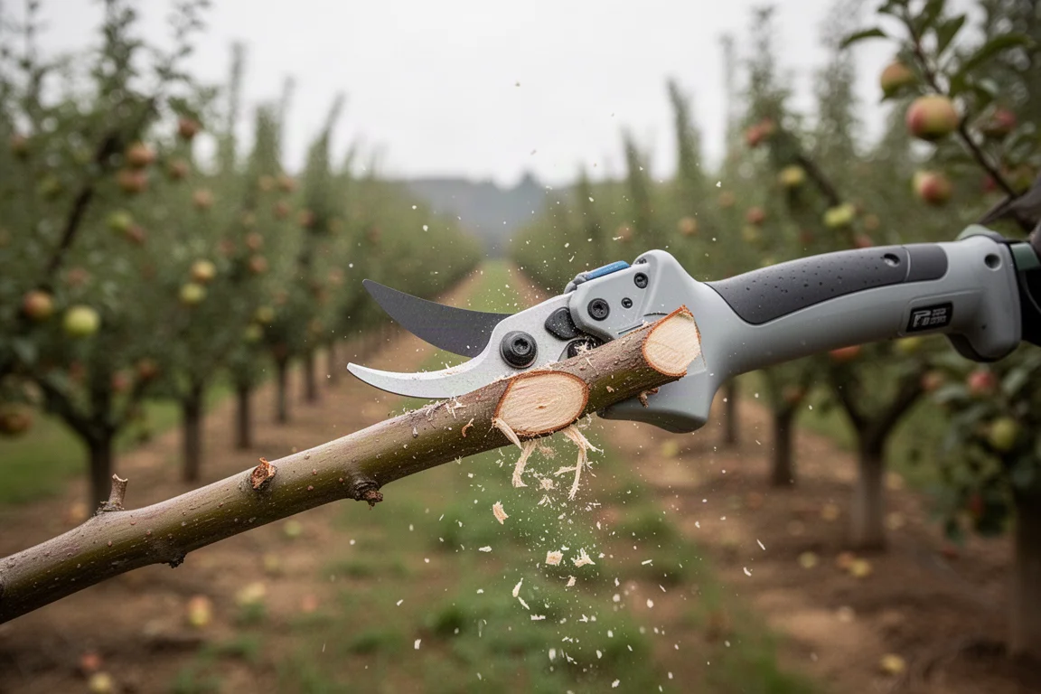 Elektrische snoeischaar snijdt door een dikke tak in een tuin