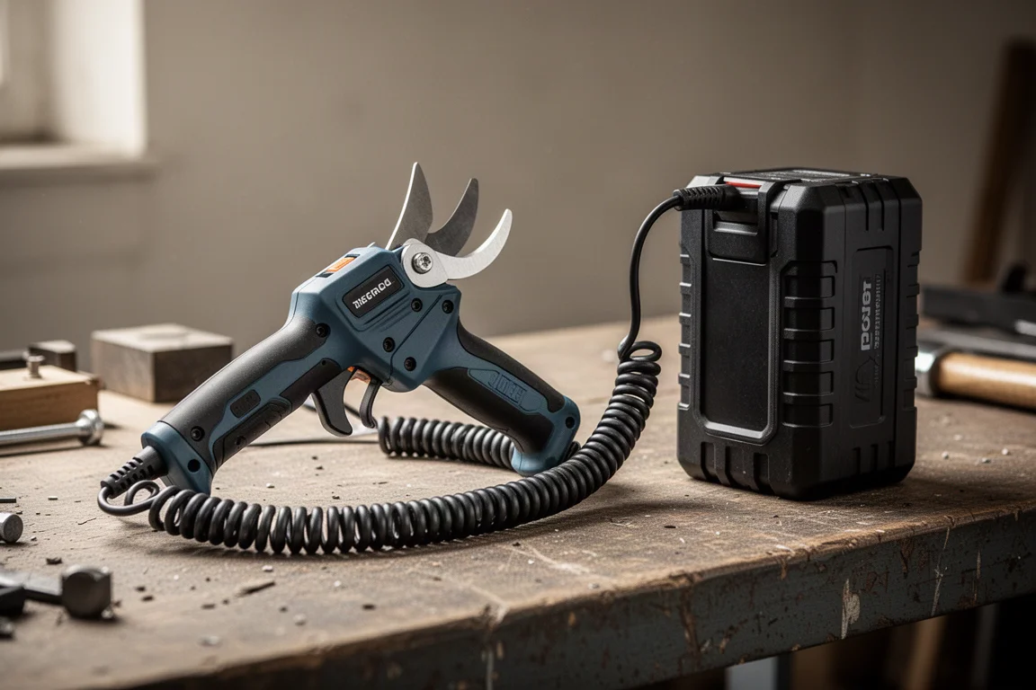 Accupack via kabel verbonden met een snoeischaar op een werkbank