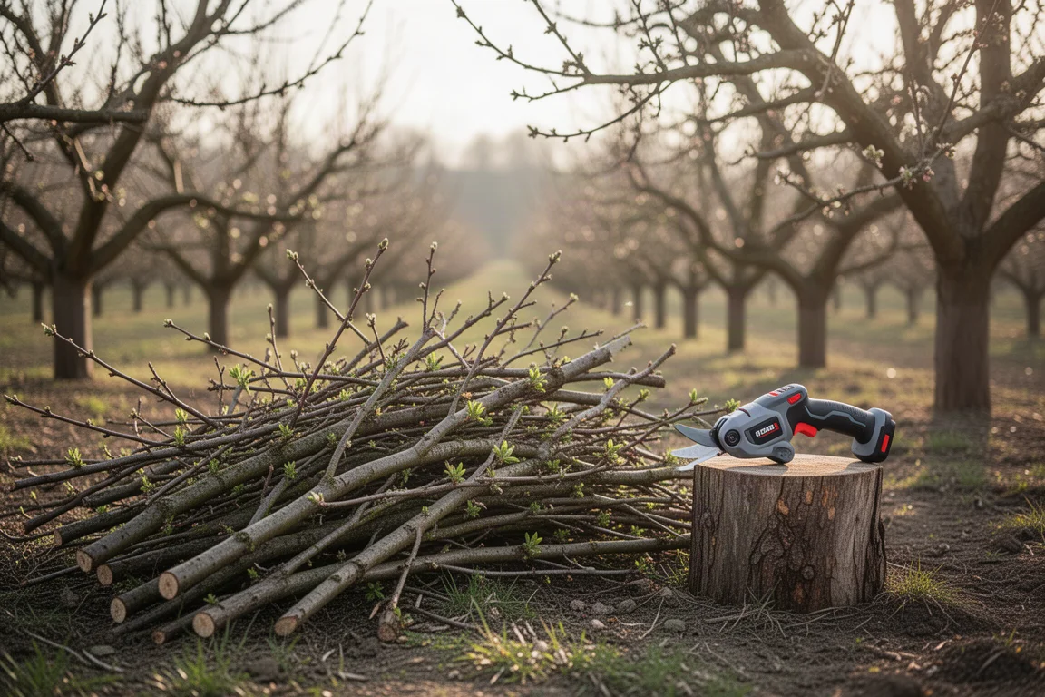 Snoeien in een boomgaard met takken en een snoeischaar op hout