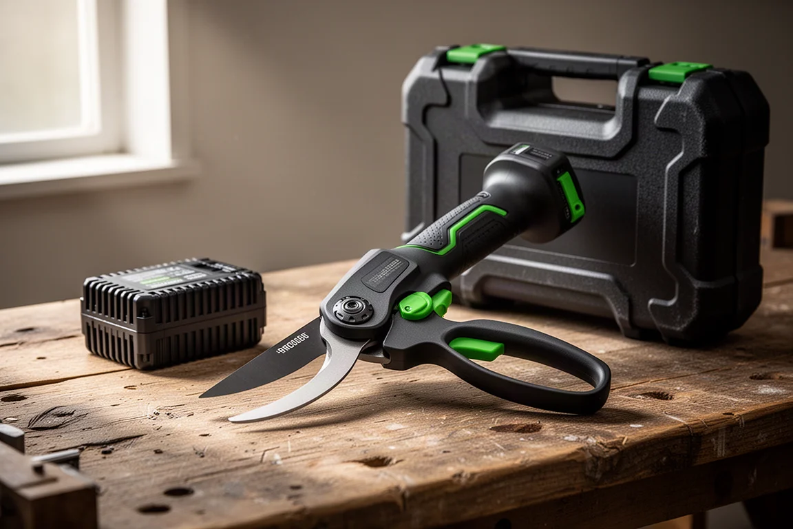 Professional electric pruning shear with battery pack and carrying case on a wooden workbench