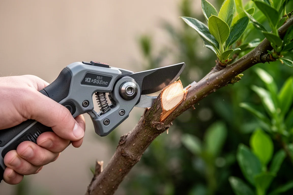 Cordless handheld pruner cutting through a small branch in a garden setting