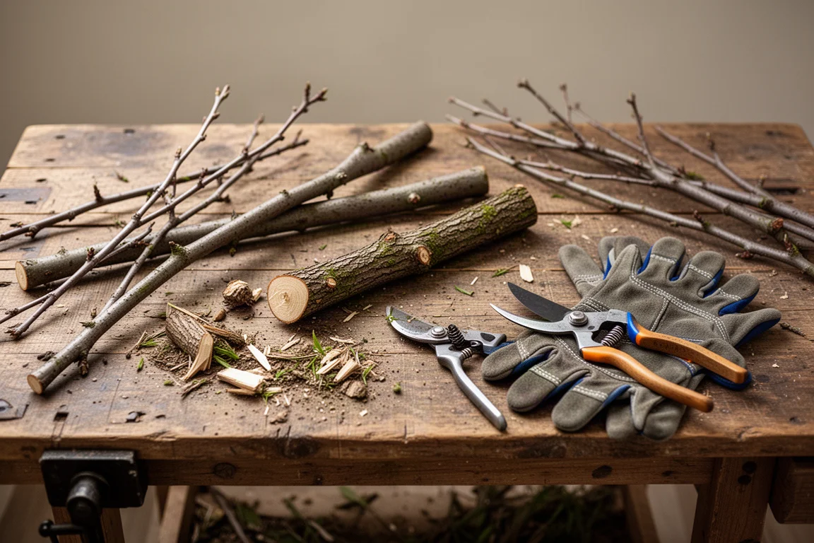 Garden tools resting on a workbench during a pruning session