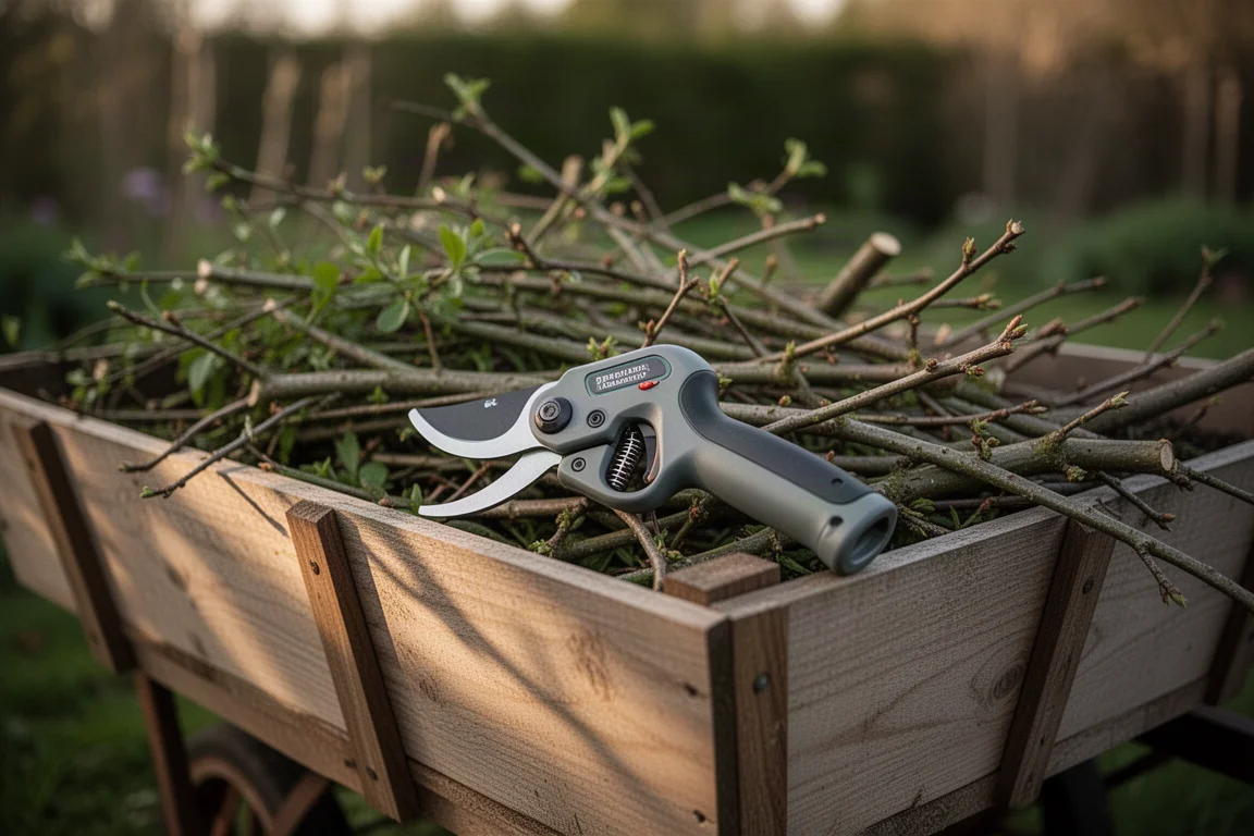 Pruner resting in a garden cart surrounded by cut branches