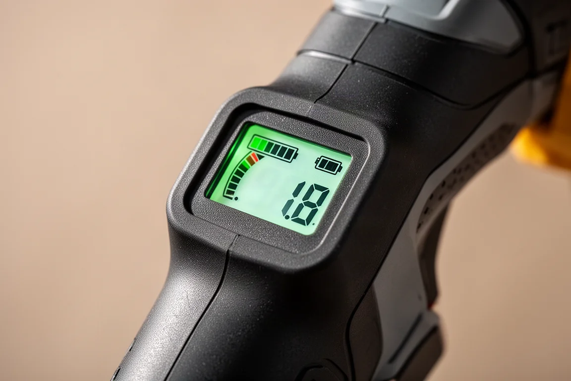 Belyst LCD-display på handtaget till en batteridriven beskärare som visar batterinivå och antal aktiveringar