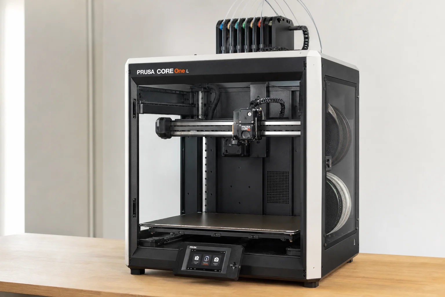 Collection of modern 3D printers on neutral background
