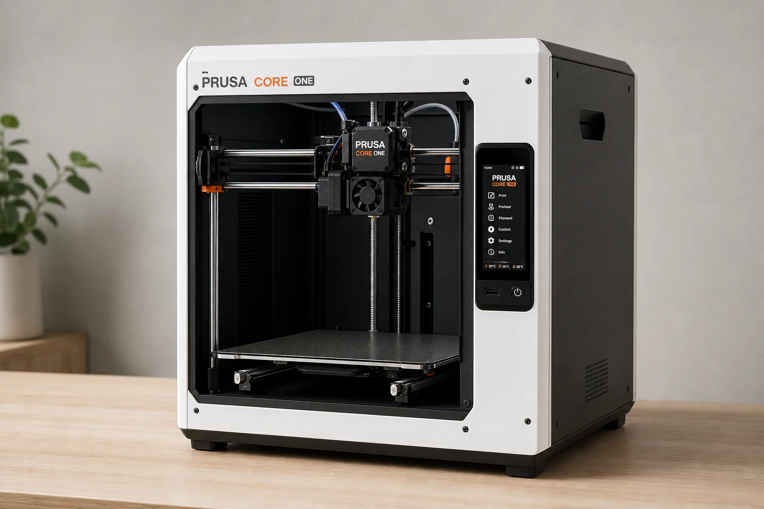 Collection of modern 3D printers on neutral background
