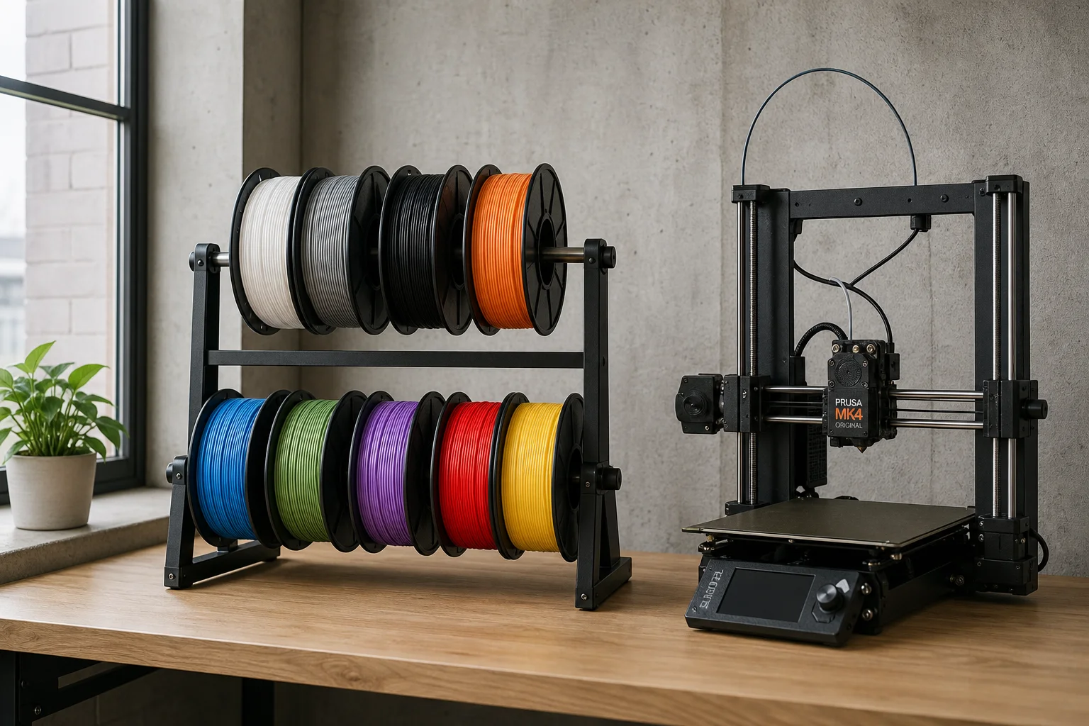 3Dプリンターの横にローラーホルダーで配置されたフィラメントスプール