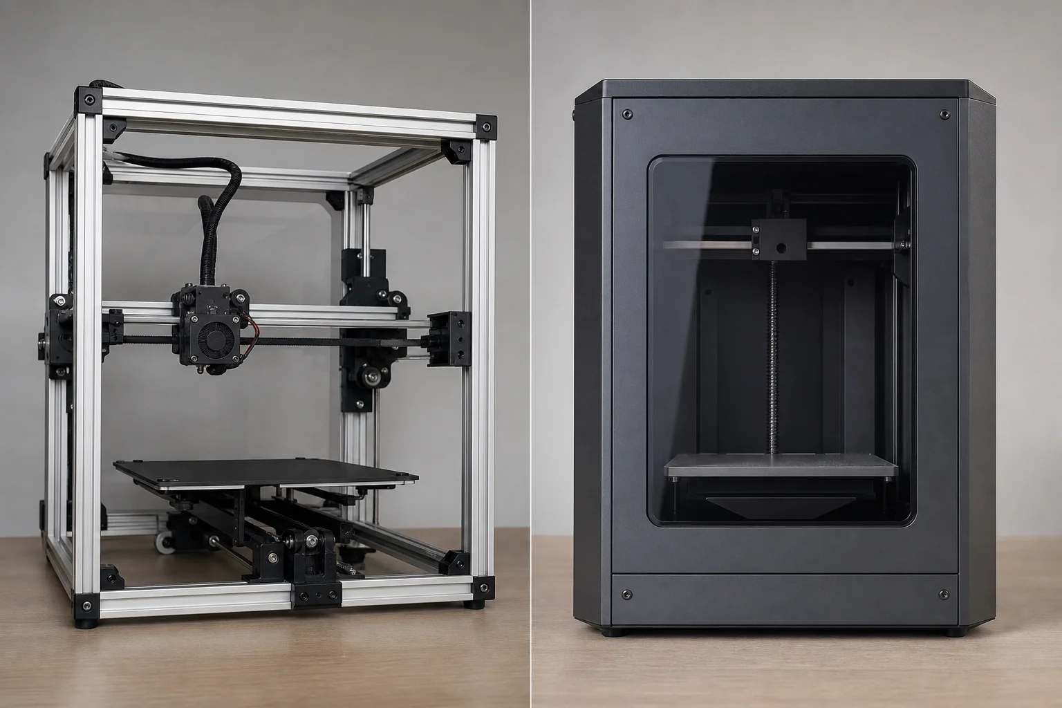 Vergleich von offenem Rahmen und geschlossenem 3D-Druckergehäuse