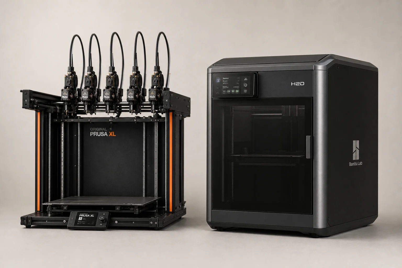 Prusa XL und H2D 3D-Drucker nebeneinander vor neutralem Hintergrund