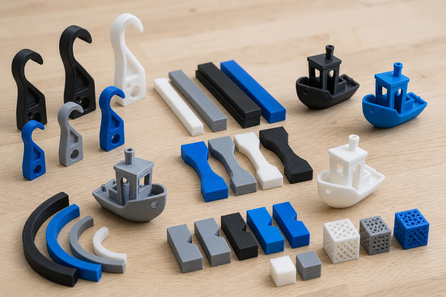 3D printed test parts and samples arranged on a workbench