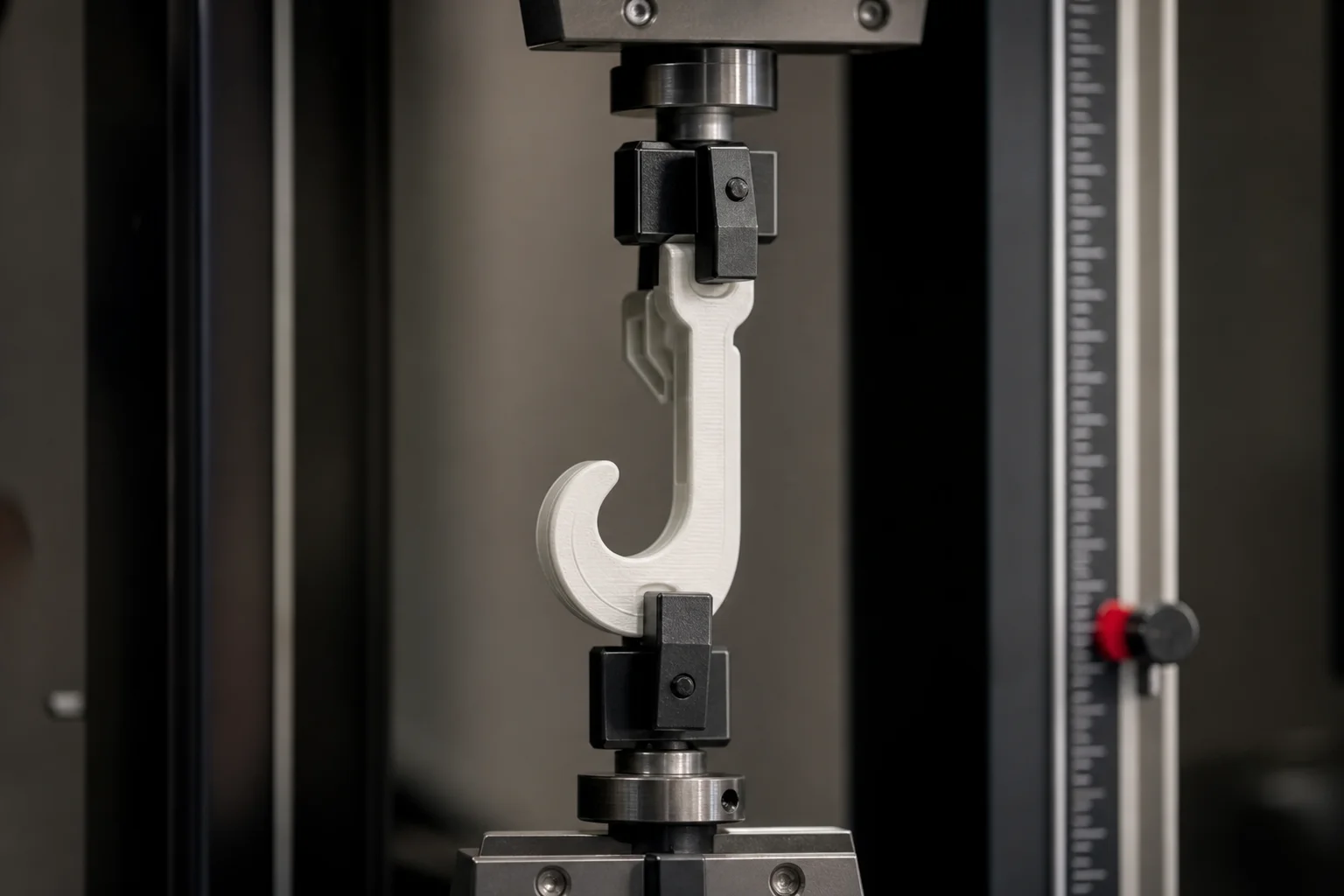 Close-up of a 3D printed hook mounted in a universal test machine