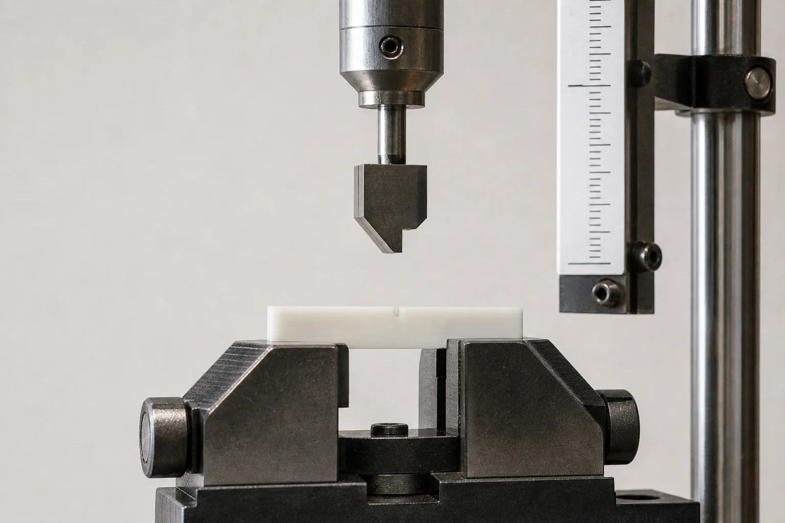 Impact test apparatus with notched specimen and measurement scale