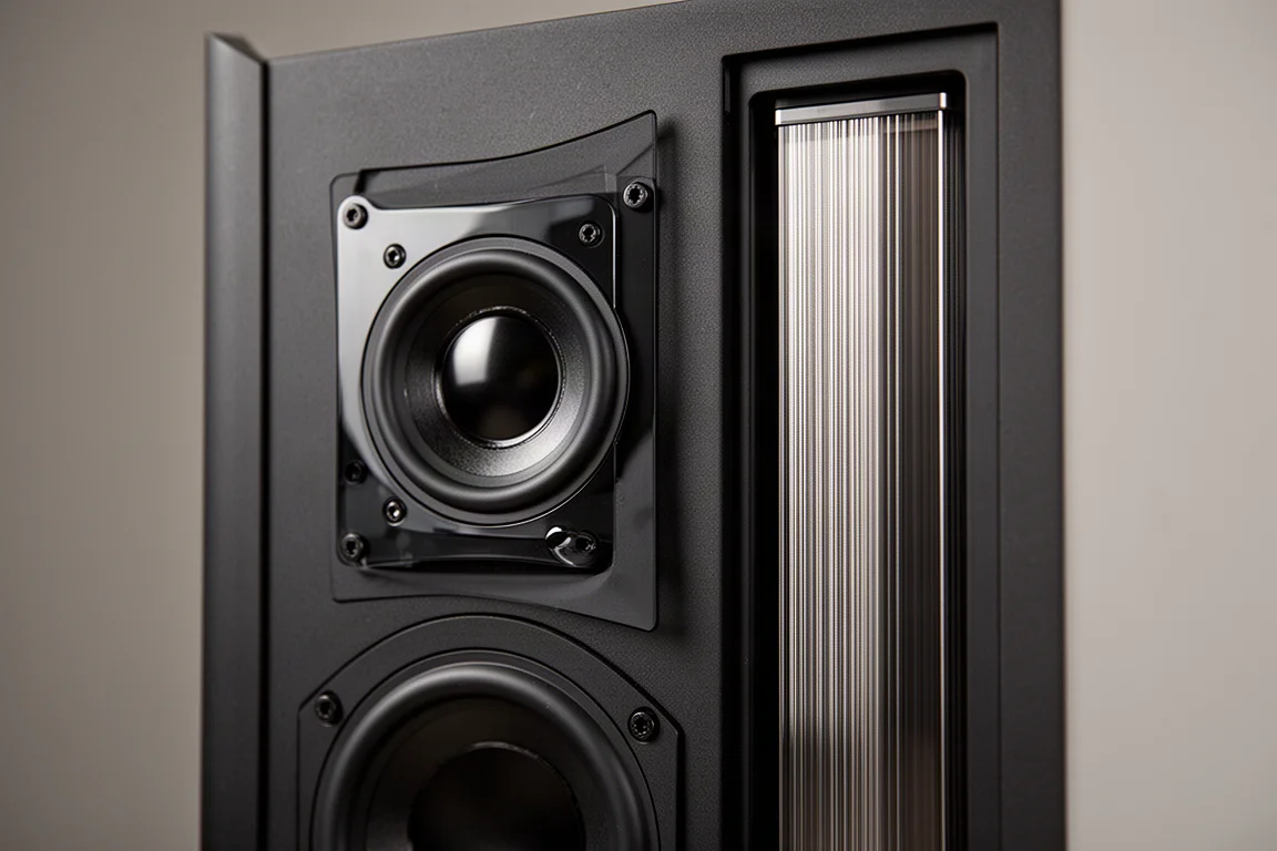 Gros plan d'un tweeter à ruban planaire et d'un panneau de médium dans un coffret d'enceinte