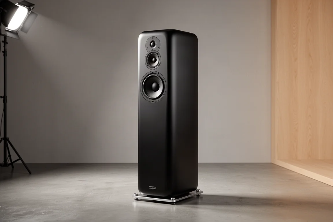 Tall matte black floorstanding tower speaker standing in a minimal listening room