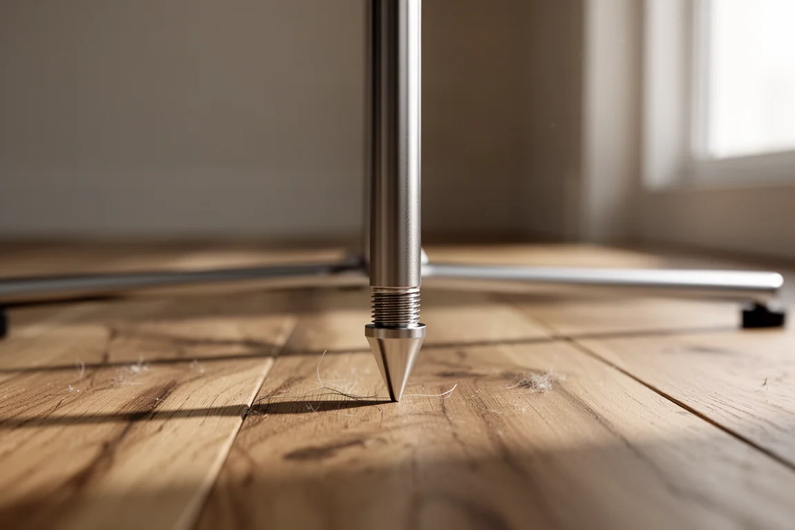 Vue à plat en plongée d'un câble d'enceinte, de fiches banane, d'une clé hexagonale et d'un mètre ruban