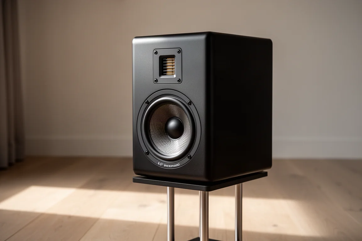 Compact satin black two-way stand mount loudspeaker on a slim stand against a grey backdrop