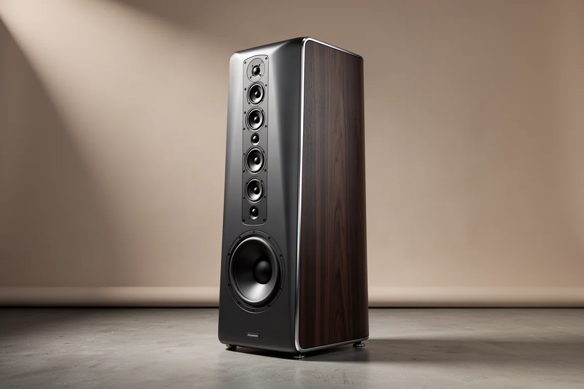 Tall futuristic floorstanding loudspeaker with a vertical driver array and large woofer