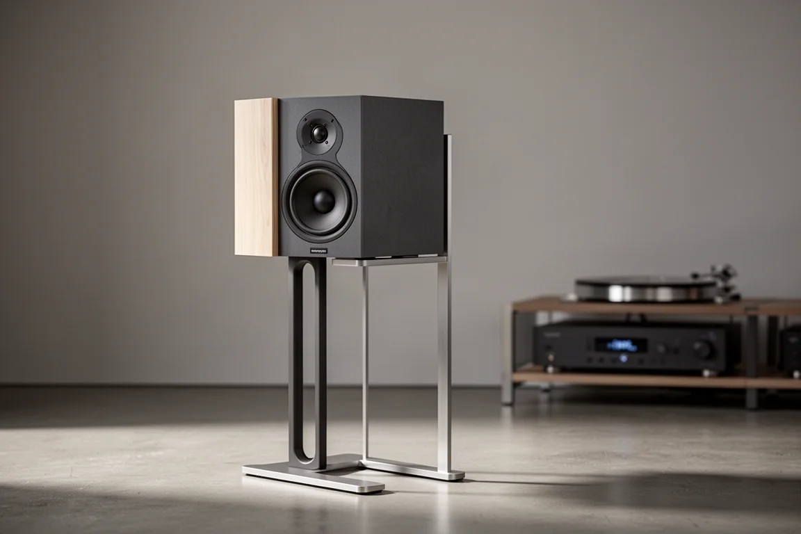 Compact stand-mount loudspeaker on a stand in a neutral listening room